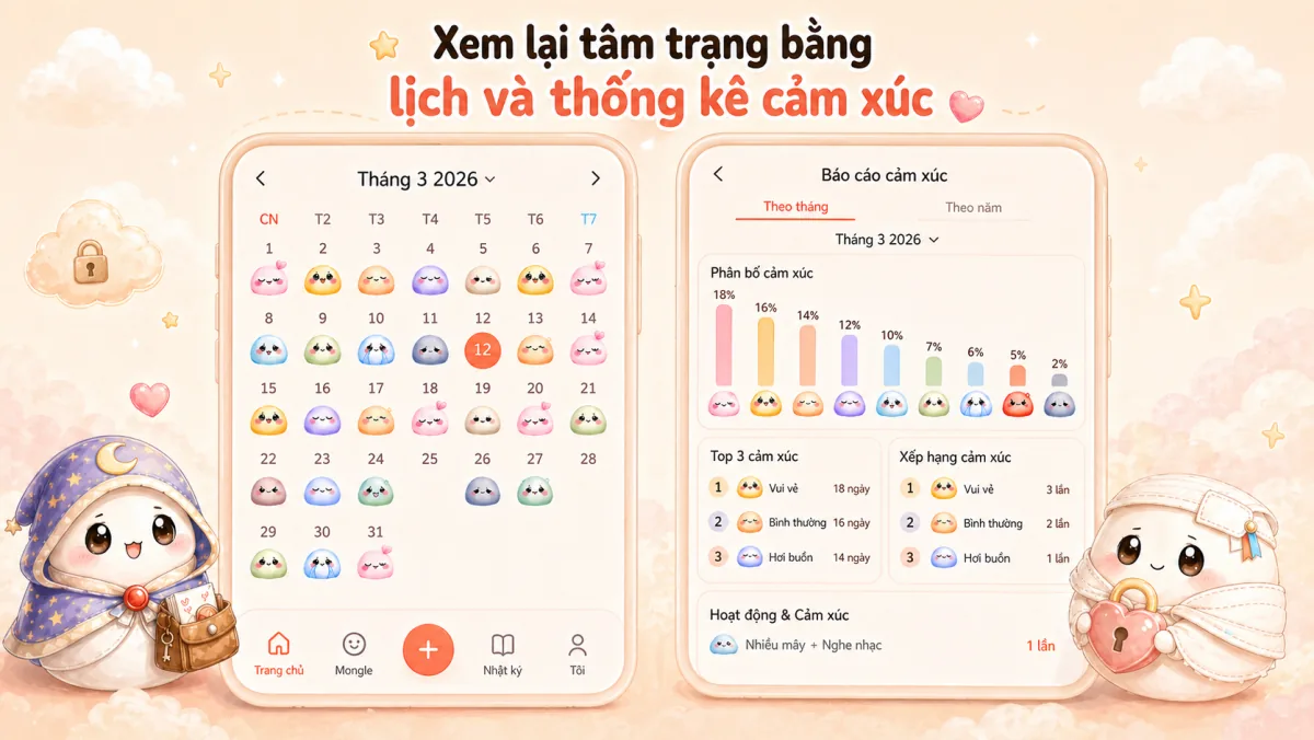 Xem lại lịch tâm trạng và thống kê tâm trạng theo tháng trong Mongle Haru